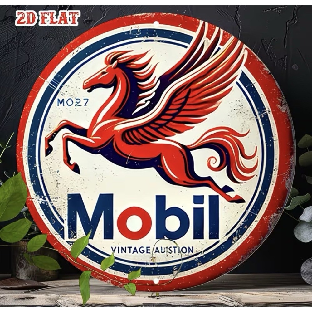 New Tin Sign Mobil Round Garage Gas Station Auto Man Cave 8x8 Distressed Look